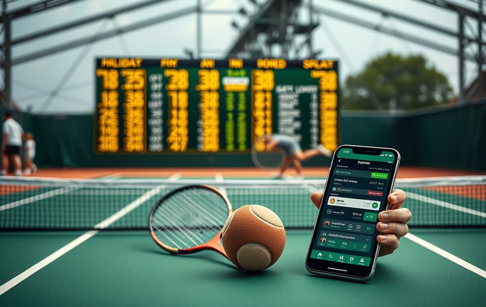 Tennisbane med odds-tavle og mobiltelefon med betting-app